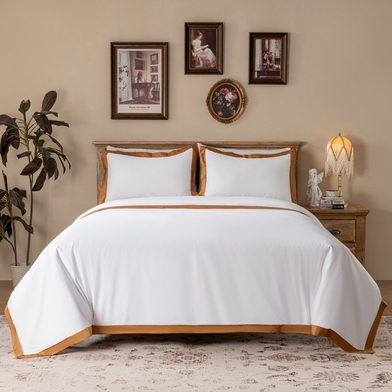 Queen White Cotton Duvet Cover Set with Caramel Border