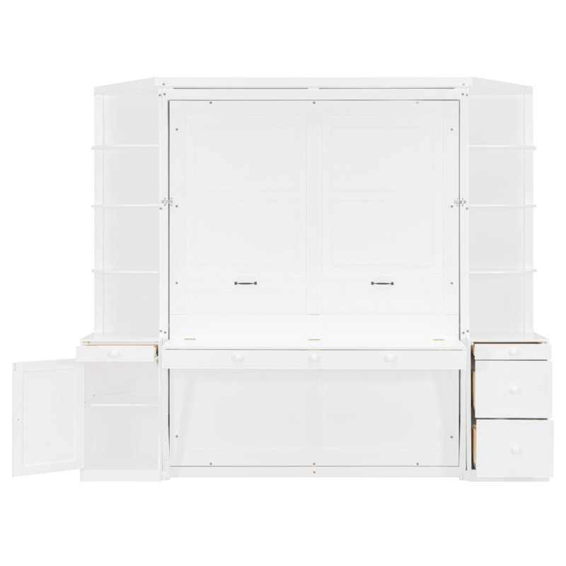 Grand lit escamotable avec bureau, tablettes et armoires de rangement, lit escamotable pour bureau à domicile peu encombrant, lumières