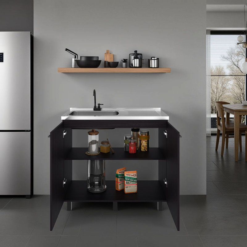 Évier utilitaire multi-pièces avec cuve profonde en acier inoxydable, noir et noyer foncé, pour la cuisine et autres espaces, robinetterie de 50 cm de profondeur, base autoportante, idéal pour la cuisine, le garage, l'atelier ou le bassin.