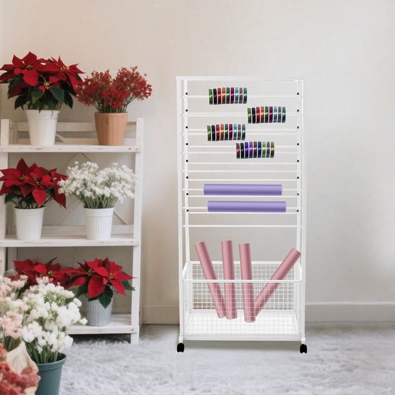 16 Tier Freestanding Ribbon Holder Organizer Rack, White, 59.06" H x 26.38" W x 12.6" D