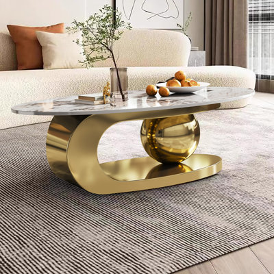 Table basse 51 pouces ovale en faux marbre pour salon avec base en acier inoxydable