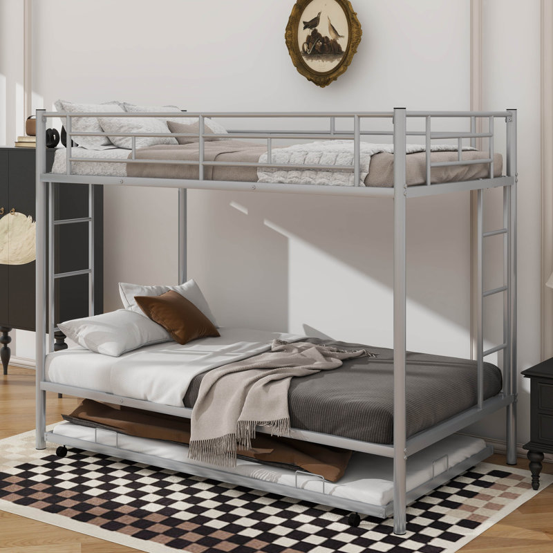Lit superposé simple en métal avec lit gigogne, deux échelles et garde-corps sécurisés, Argent argent