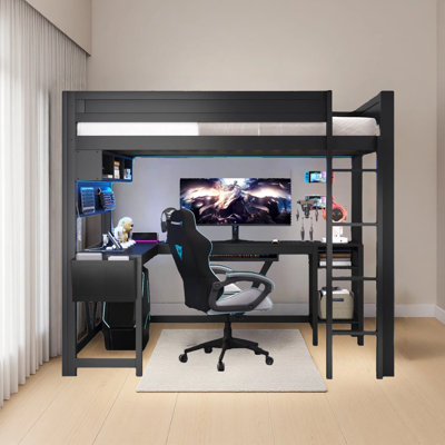 Lit mezzanine double en bois avec bureau, tablettes de rangement, DEL et station de charge