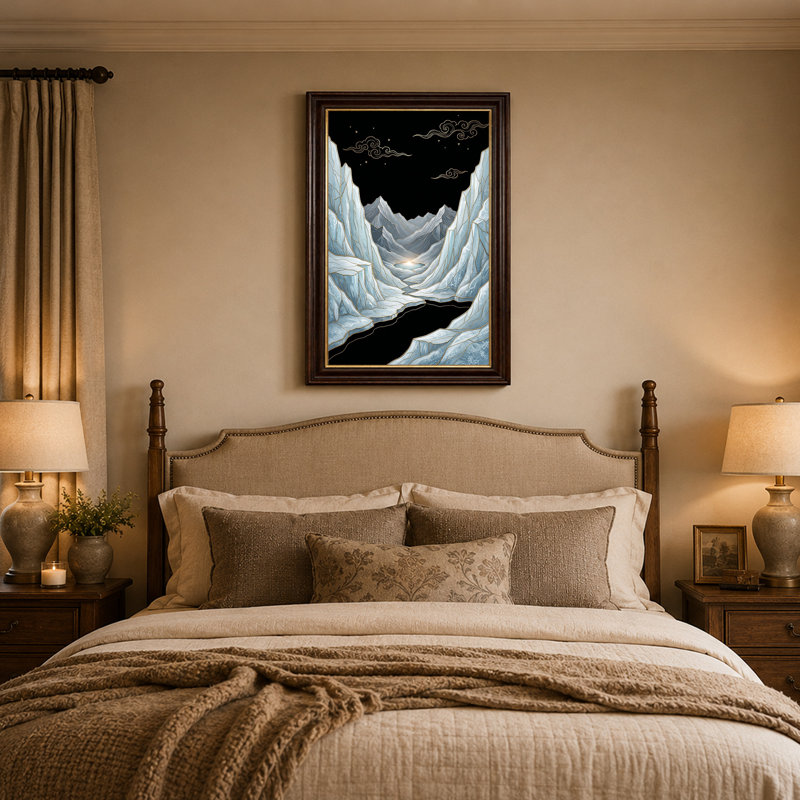 Art mural sur toile Montagnes bleu clair avec lignes dorées et ciel étoilé, H 24 po x l 16 po