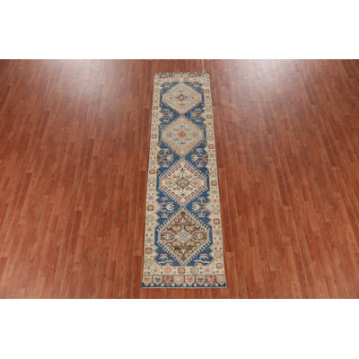 Blue Geometric Oushak Vegetable Dye Runner Rug
