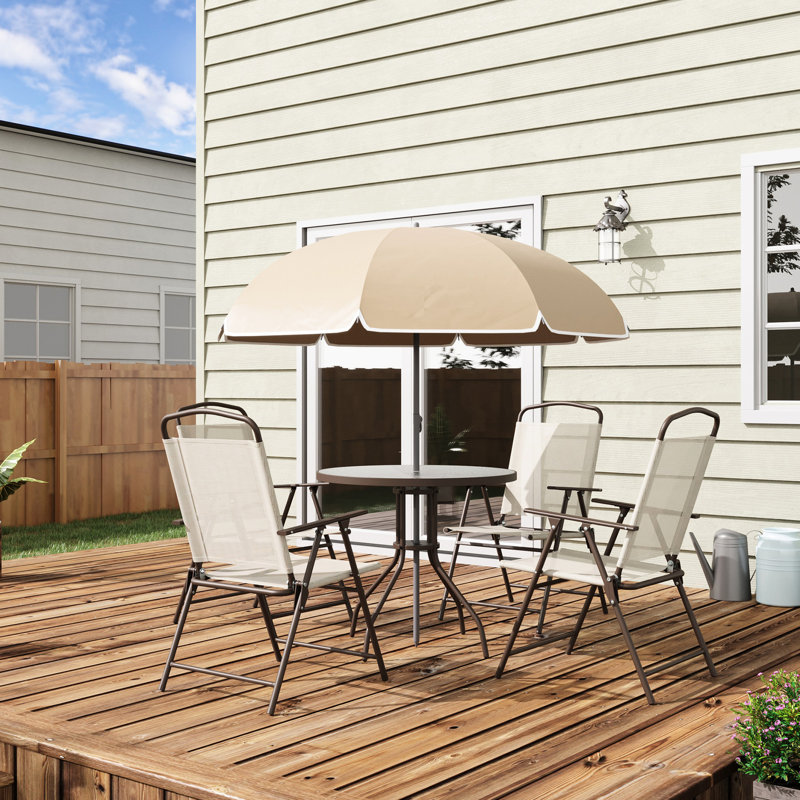 Patio Dining For 4 In Beige - Umbrella, Round Glass Table, Folding Chairs. Great Outdoor Entertaining Garden, Backyard Furniture Table & Chairs, Tempered Use