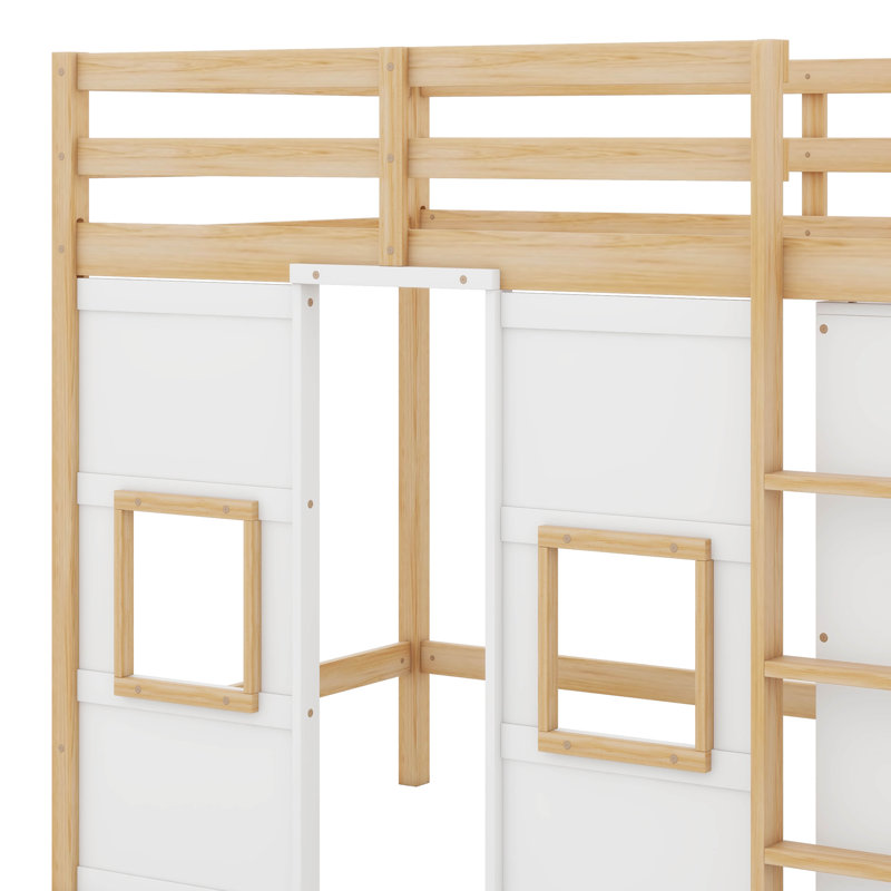 Lit mezzanine simple en bois massif avec garde-robe de rangement intégré et 2 fenêtres, Blanc