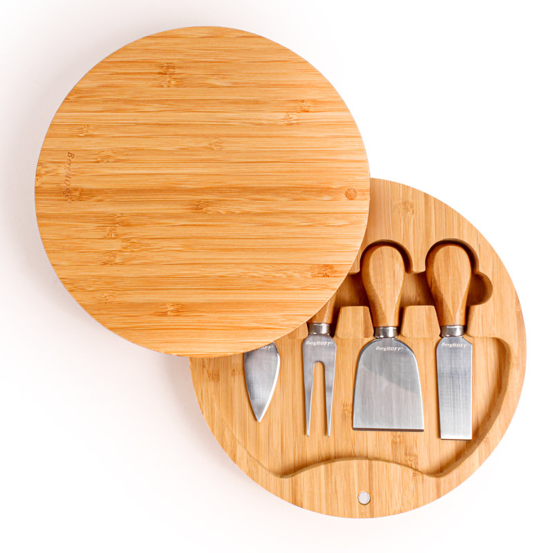 BergHoff, 5pc Round Covered Cheese Board Set with 4pc Cheese Knife Set, 8.7 X 1.5"