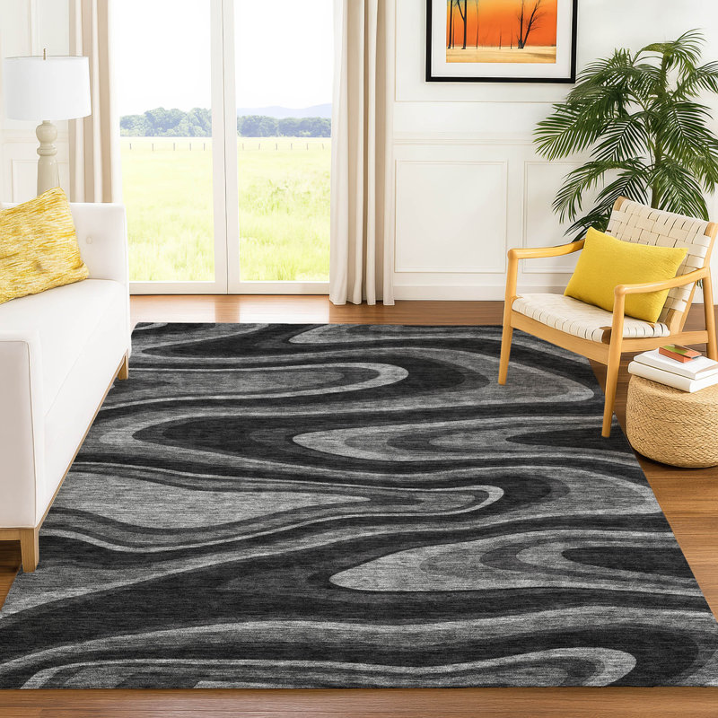 Machine Washable Indoor/Outdoor Chantille ACN2493 Abstract Rug, 10' x 14', Black