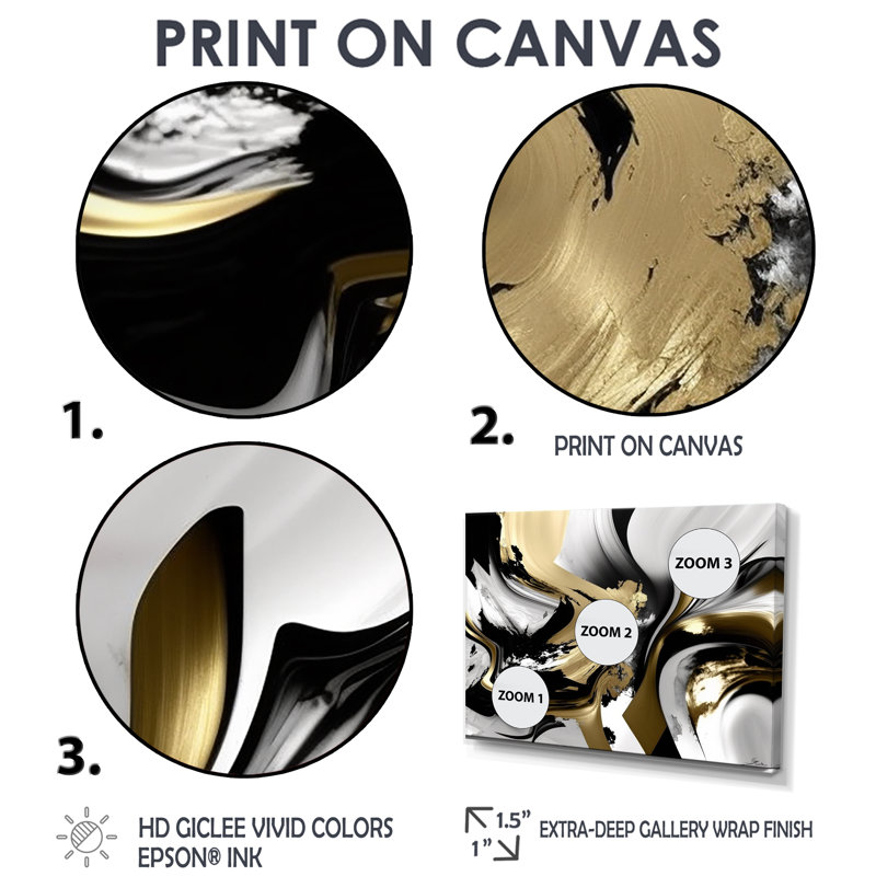 Wild Wave Bliss abstrait or blanc noir V - art mural doré 4 pièces, Toile tendue, Ne s’applique pas