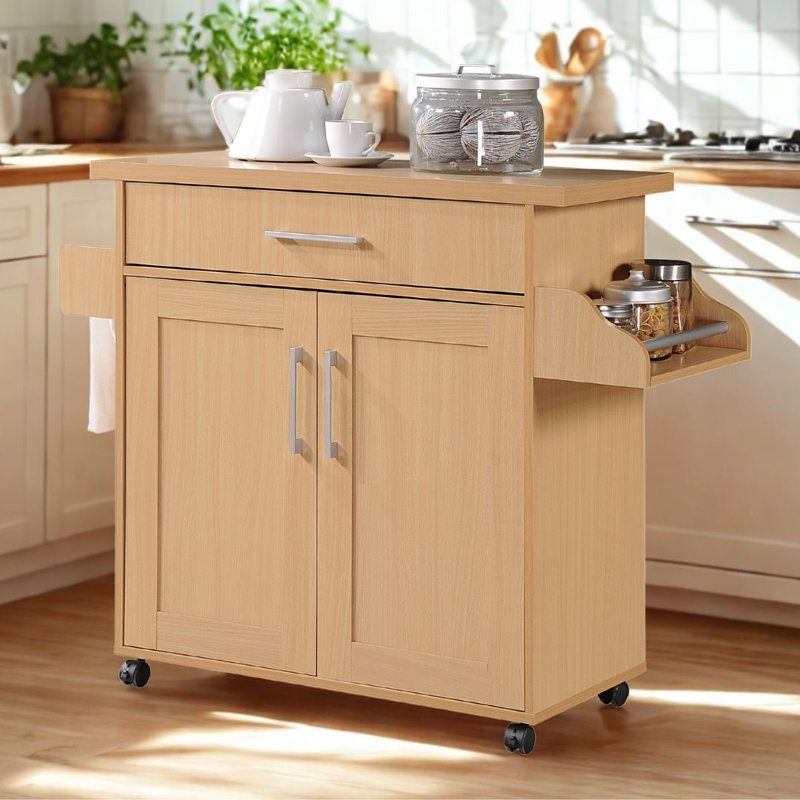 Kitchen Island with Spice Rack and Towel Holder, Storage Cart with Utensil Drawer, Interior Cabinet Storage and Locking Wheels