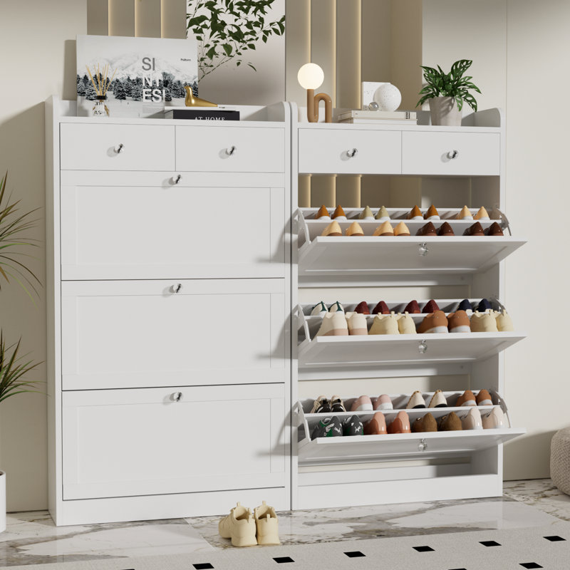 Armoire à chaussures avec 3 tiroirs rabattables, étagère à chaussures étroite avec poignées en diamant, blanc