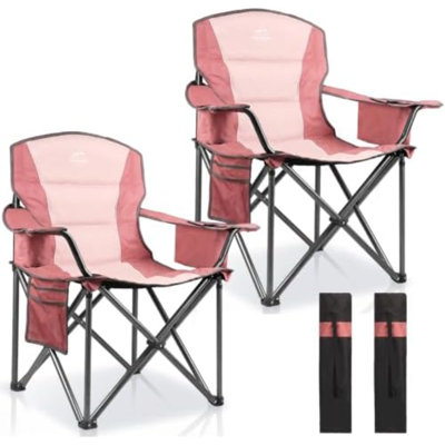 Lot de 2 chaises de camping rembourrées surdimensionnées pour adultes, supportant jusqu'à 180 kg, pliables et portables, avec porte-gobelet, sac isotherme et poche latérale. Idéales pour les pique-niques et la randonnée (rose).
