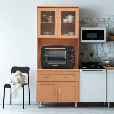 Kitchen Cabinet 31.5 inch Wide Freestanding China Display Hutch with Storage, Microwave Shelf and Utensil Drawer