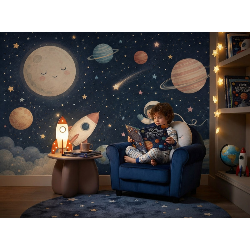 Papier peint mural aquarelle pour enfants représentant une fusée spatiale et des planètes, L 120 x L 80, Vinyle