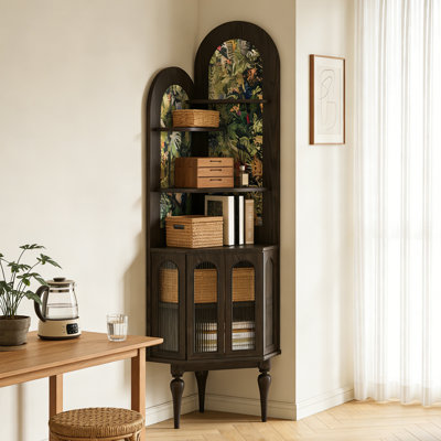 Armoire d'angle Vintage, bois de frêne massif avec portes en verre cannelé, étagère de rangement autoportante, assemblage facile