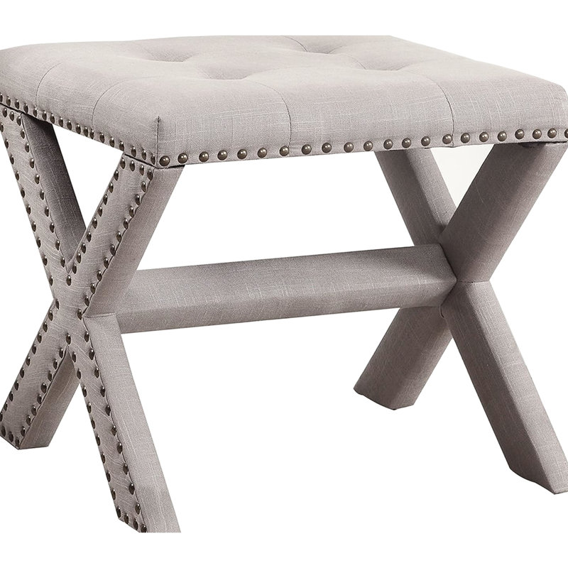 Banc décoratif en mélange de lin gris avec garniture cloutée pour le vestibule, structure en bois franc durable, rembourrage en mousse haute densité, salon l 19 po x l 17 po, rembourré d'ingénierie,