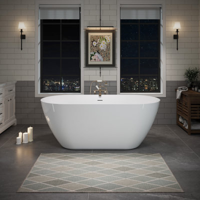 Baignoire autoportante ovale en acrylique de 55 pouces avec bonde escamotable centrale et finition blanche brillante, pour un spa de salle de bain confortable, rétention de chaleur Entretien facile du spa 55 po, conception ergonomique
