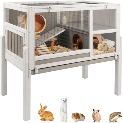38" L Wooden 2-Story Guinea Pig Cage Indoor with Stand, Rabbit Hutch with Ramp & Hideout, Small Animal Habitat with Leak-Proof Pull-Out Tray