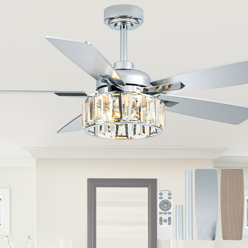 52 Inch Crystal Ceiling Fan With Light, Modern Quiet DC Motor Reversible Chandelier Ceiling Fan For Living Room