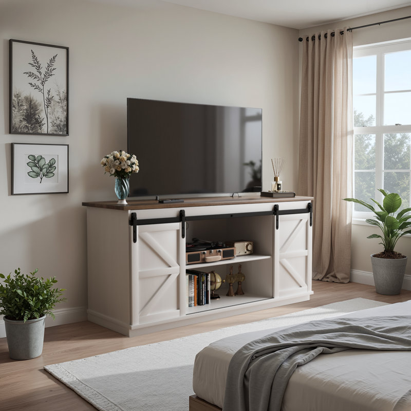 Tv Stand For Tvs Up To 65" With Double Sliding Barn Doors And Storage Cabinets, White Wood