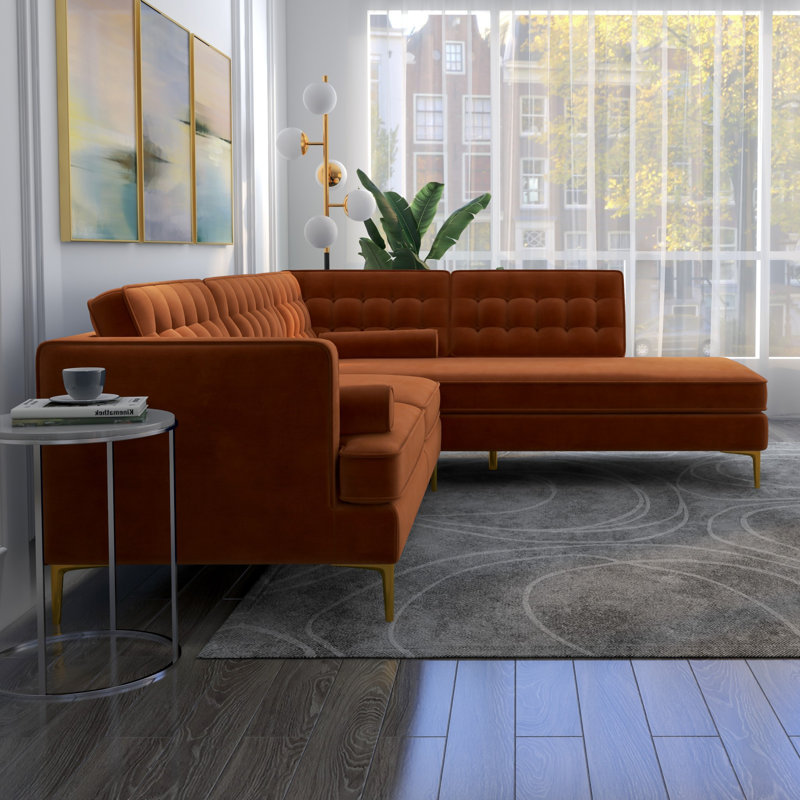 Noam Velvet L-Shaped Sectional, Orange Velvet, Right Hand Facing