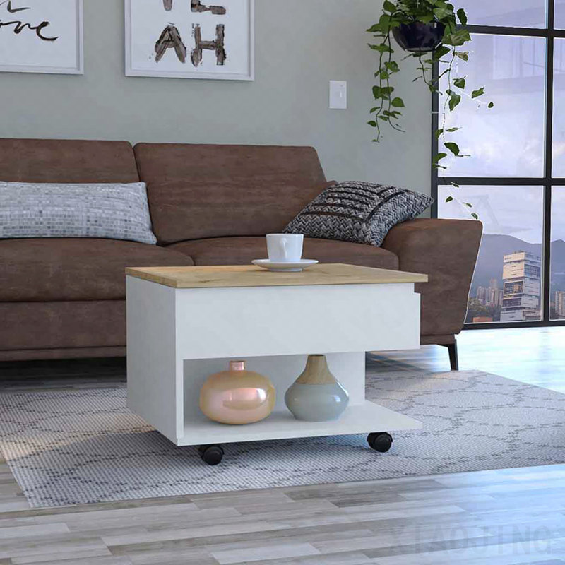 Table basse à plateau relevable avec roulettes et une tablette