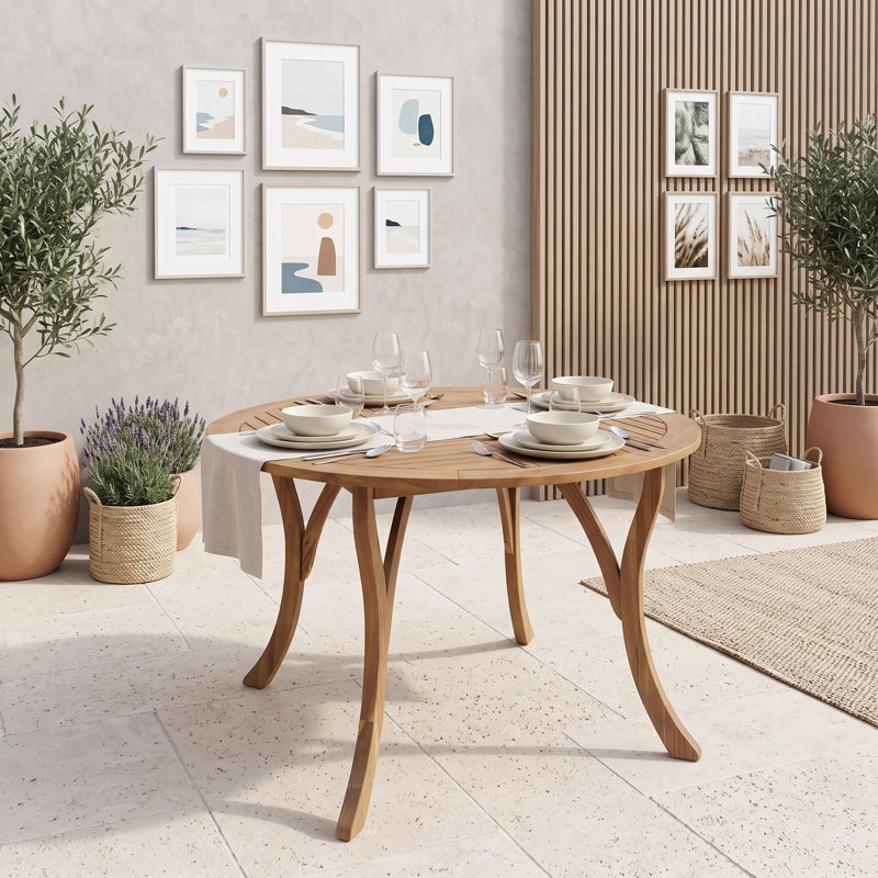 Table de salle à manger d'extérieur ronde en bois avec pieds courbés, Teck