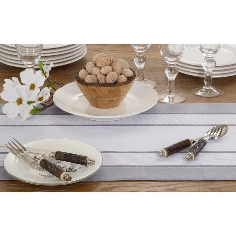 Gray Polyester Table Runner with Banded Border Design