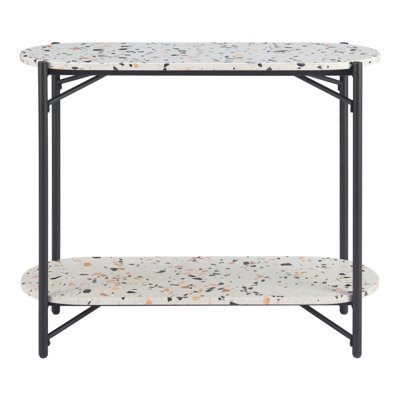 Console ovale de 91 cm (36 po) avec tablette, en imitation terrazzo blanc et noir et acier.