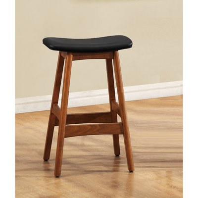Ensemble de 2 tabourets de hauteur comptoir Mid-Century en bois massif brun foncé en similicuir pour cuisine, bois, cuir