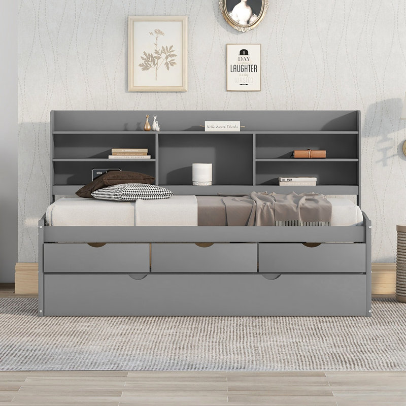 Twin Size daybed with Built-in Bookshelves, Three Storage Drawers and Trundle, Grey
