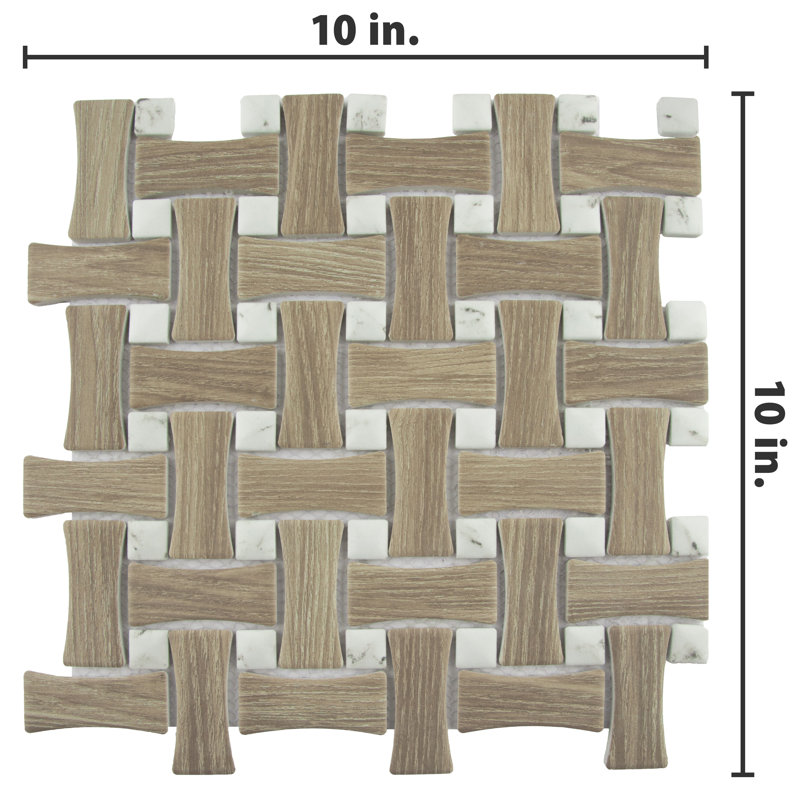 Llama Dog Bone Basketweave 10 In. X 10 In. Porcelain Mosaic Floor and Wall Tile, Brown/White