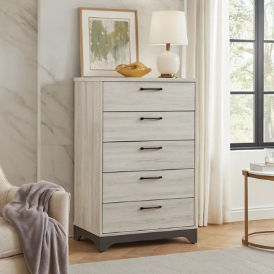 Wly Tall Dresser Chest, 5 Drawers With Black Handles, White Oak & Gray