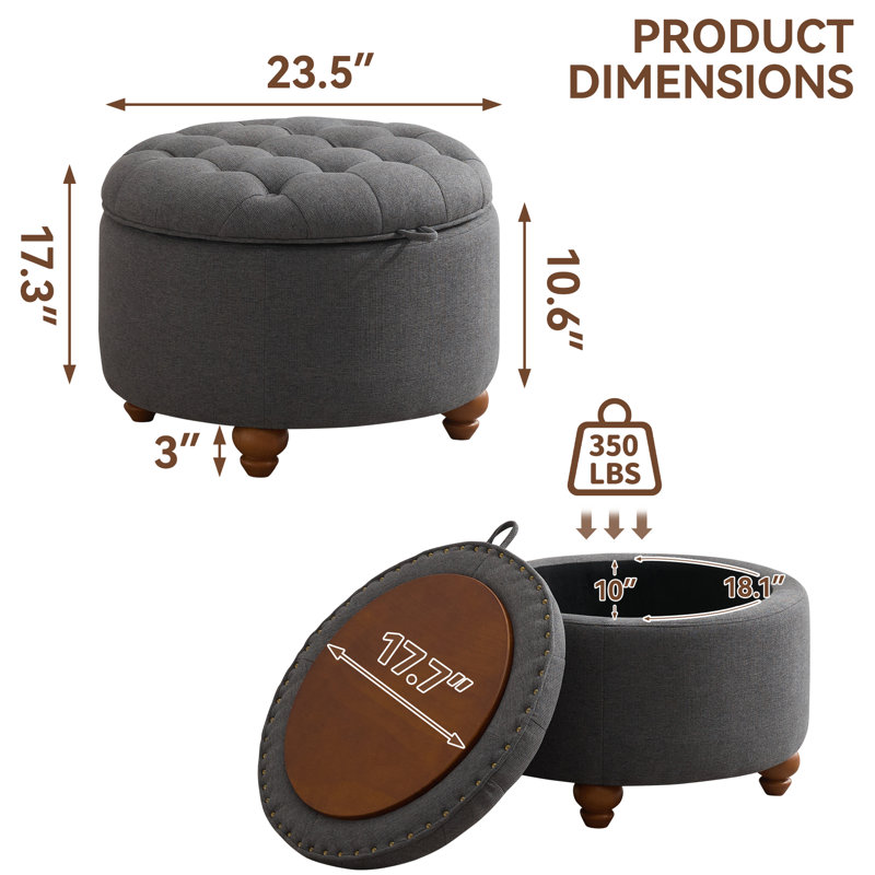 24’’ Wide Upholstered Tufted Round Storage Ottoman, Dark Gray Linen