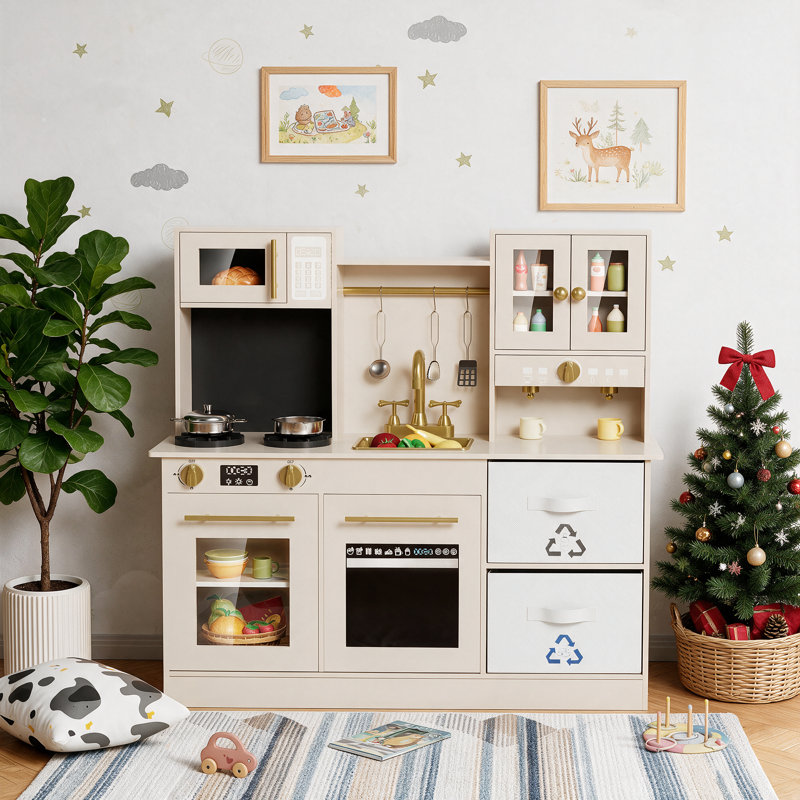 Play Kitchen for Kids, Wooden Toy with Stove That Lights/Sounds When Pan Detected, Includes Disinfection Cabinet, 2 Fabric Boxes & Stainless Cookware(beige)