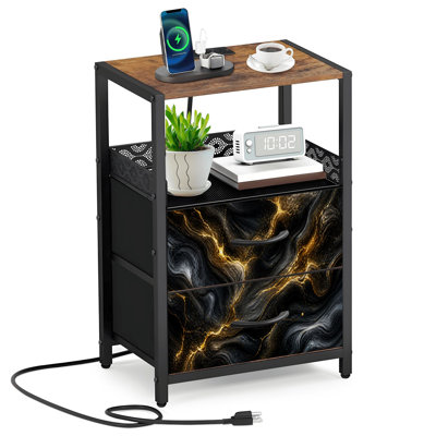 Table de chevet 2 tiroirs en tissu avec station de charge Abstrait marbre noir doré scintillant avec table de chevet et ports USB