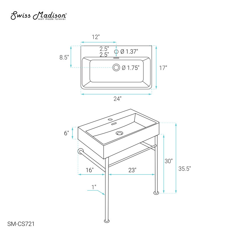 Lavabo console en céramique avec pieds dorés Claire SM-CS721, Blanc/doré