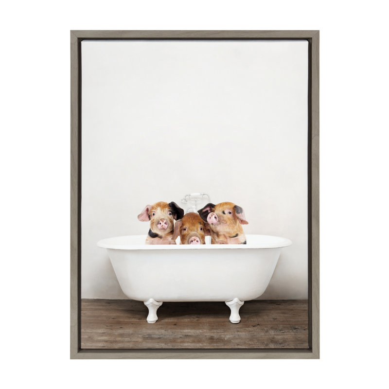«Three Little Pigs In Vintage Bathaign» par Amy Peterson, reproduction d'art sur toile encadrée, Gris