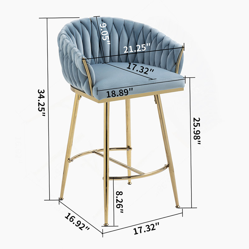 Rukija Upholstered Gold Plated Barstools, Blue Flannlette