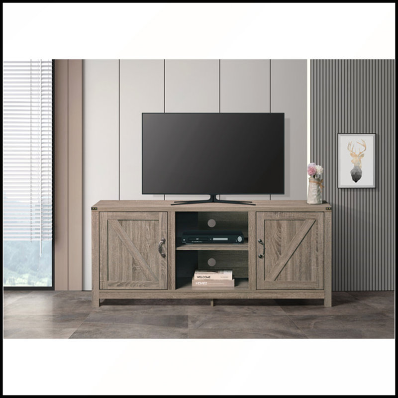 Meuble télé de style ferme de 150 cm en bois avec revêtement de papier, 2 étagères et 2 placards pour téléviseur jusqu'à 165 cm.
