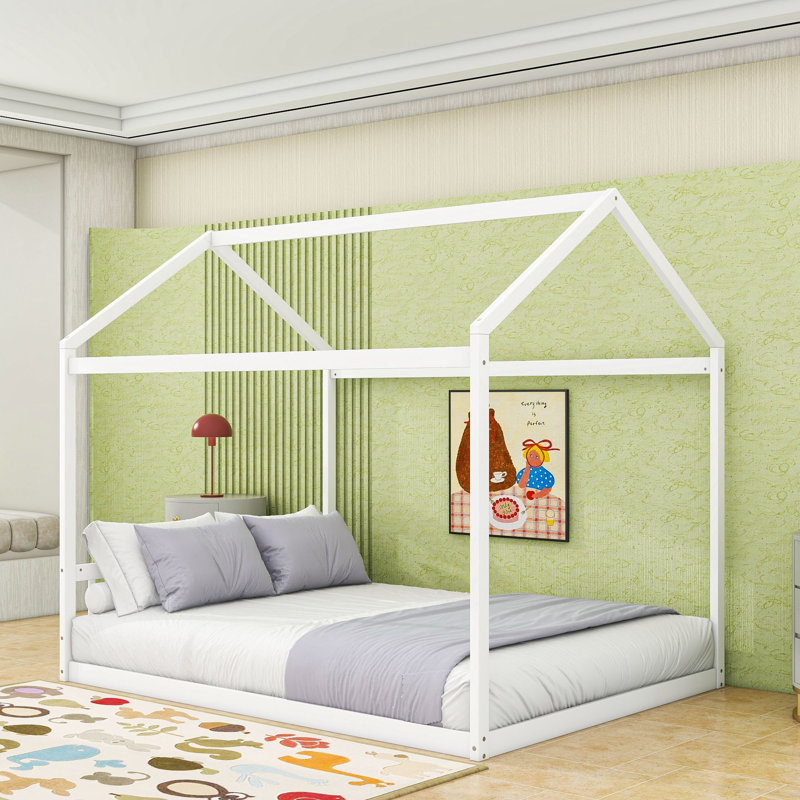 Queen Size Wooden House-Shaped Bed With Charming Headboard, White