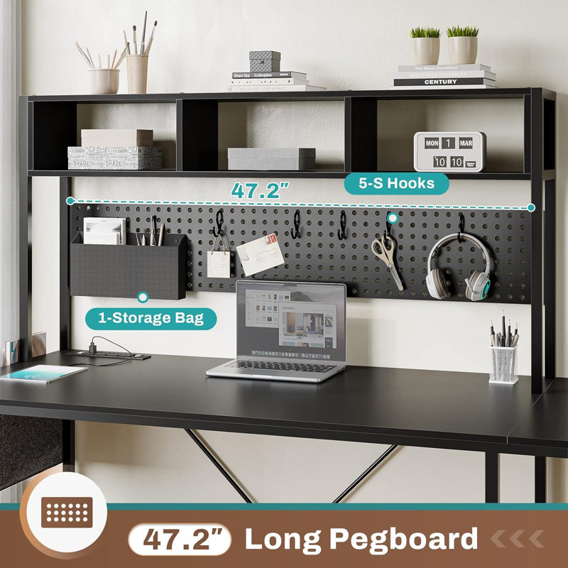 Truet Computer Desk with Hutch and Built in Outlets, Black/Black