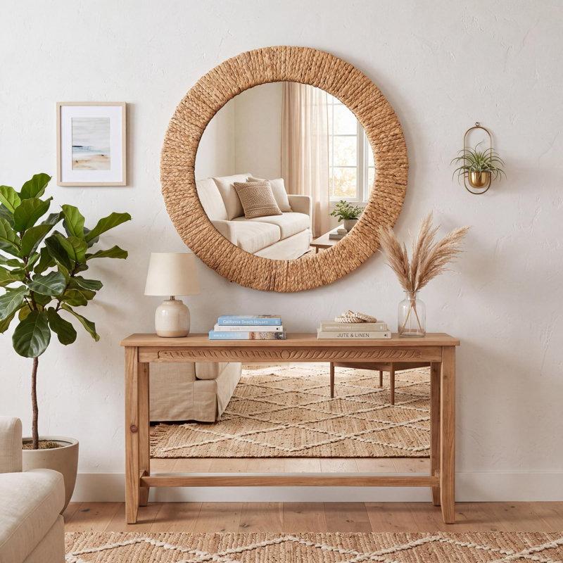 Miroir mural rond en gazon tissé à la main pour chambre à coucher décorative de style campagnard Boho, H 28 po x l 28 po