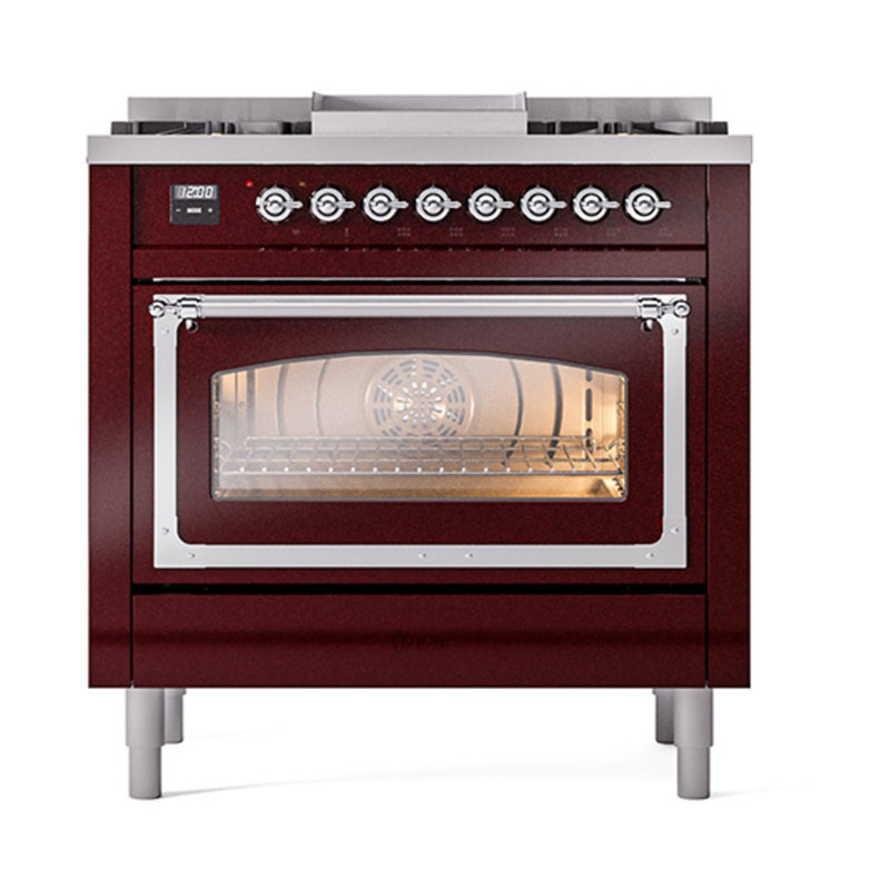 ILVE Nostalgie II Noblesse 36 in Dual Fuel Range, Liquid Propane, Burgundy/Chrome