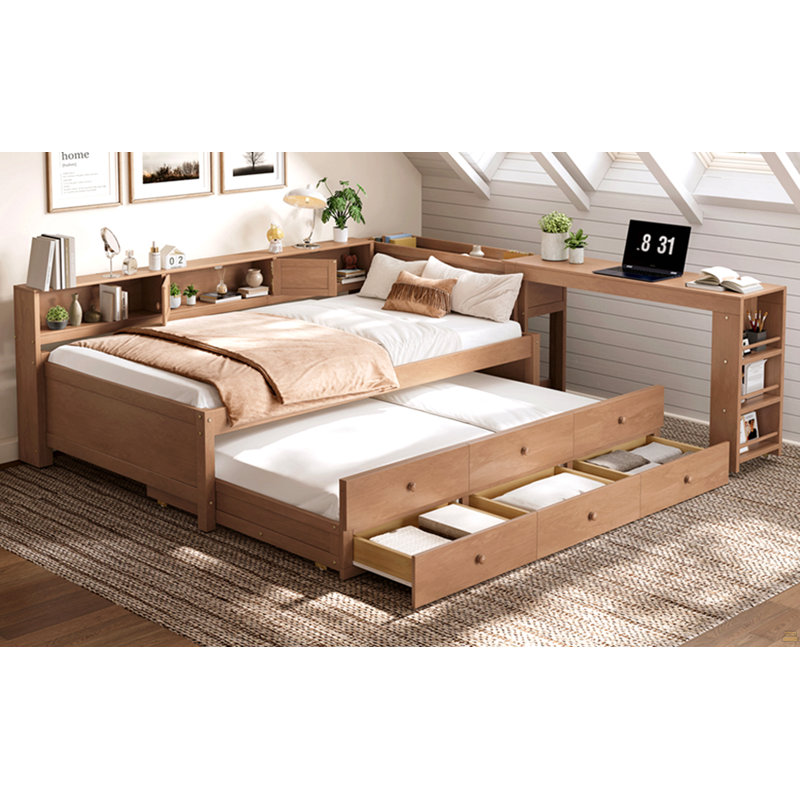 Lit de jour simple avec couchette, structure en bois avec tiroirs de rangement, Lit simple, Brun