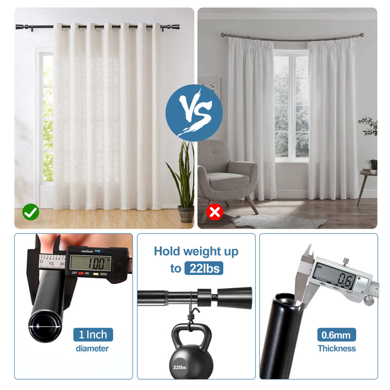 Black Adjustable Steel Single Curtain Rod Set