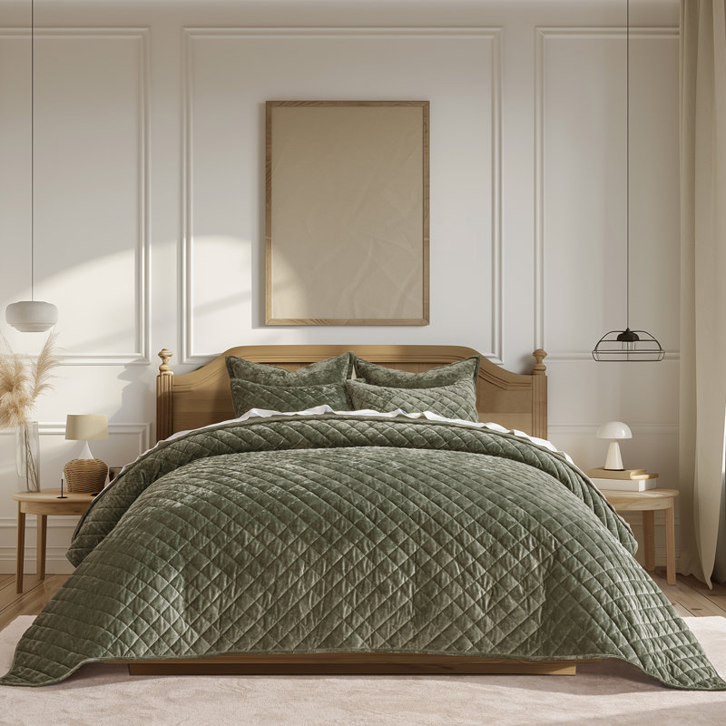 Ensemble de courtepointe Luxury, Courtepointe très grand + 2 très grandes taies d, Vert olive
