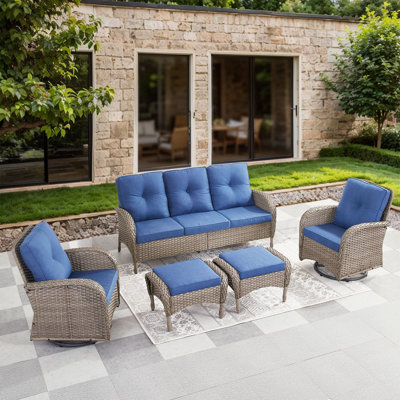 Valierius 5-Piece Outdoor Wicker Patio Furniture With 8 Seat Sofa & Swivel Chair, Coversation Set With Water Resistant Cushions