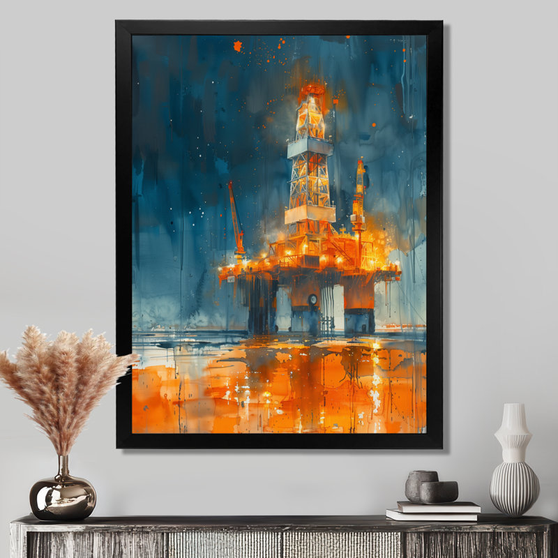 Orange orange, plate-forme de pétrole alimentant le futur, Toile encadrée noire simple, H 12 po x l 20 po x P 1 po